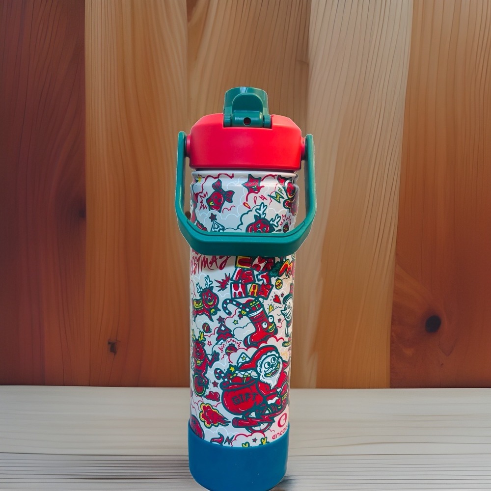 Encool Christmas Holiday Santa Insulated Water Bottle w/ Straw Stainless Steel